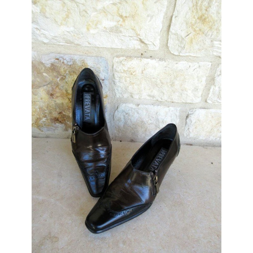 Prevata Women's Italian Black Brown Leather‎ Pumps Shoes Side Zip 6 B
